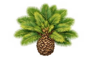 Sago palm (cycas revoluta) displaying green fronds and textured trunk, a tropical plant cut out on transparent background