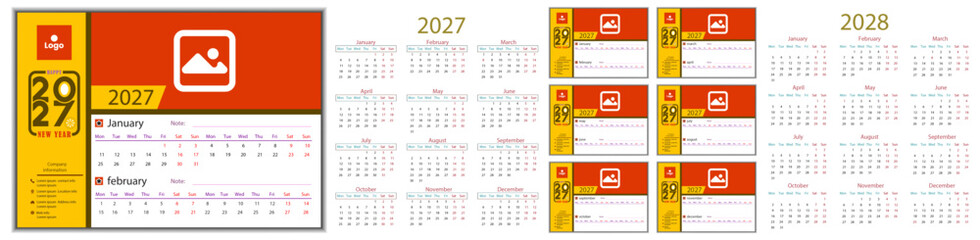 2027 and 2028 Year English Vector Calendar Template Design with Editable Font. Weak Starting from Monday to Sunday Layout Design of 2027 and 2028 Calendar 