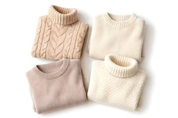 Close-Up Flat Lay of Folded Knitted Sweaters on White Background