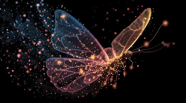 Floating, soft colors and shimmering particles form a beautiful butterfly, isolated against a black background. Gentle light scatters, creating a sense of space and lightness, and providing a sense 