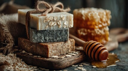 Handmade organic soap bars stacked on a rustic wooden board, natural ingredients like oats and honey nearby, eco-friendly beauty product, craft style 