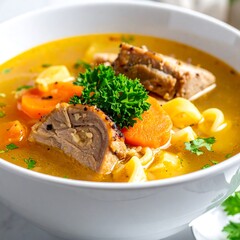 Bowl of hearty soup with sliced meat, carrots, pasta, and parsley garnish
