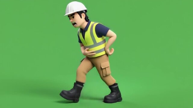 Cartoon construction worker in pain on green background