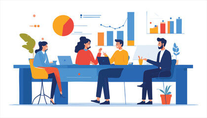 vector Business Team Meeting with Charts and Graphs