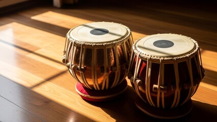 Obraz premium Indian Tabla Drums on Wooden Floor with Sunlight Rays