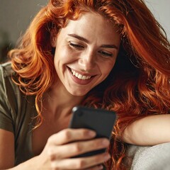 A smiling woman with red hair looking at her smartphone