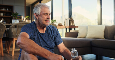 Home, yoga and old man with water bottle, thinking and relax with break, hydration and wellness....