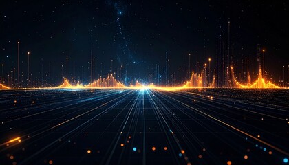 Vibrant digital landscape with glowing data visualization elements