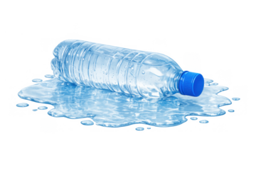 Plastic water bottle fallen on its side, spilling fresh drinking water, creating a blue puddle on transparent background