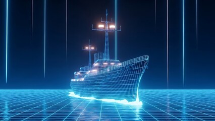 Futuristic wireframe ship sailing on a digital ocean illuminated by neon lights creating a modern and technological