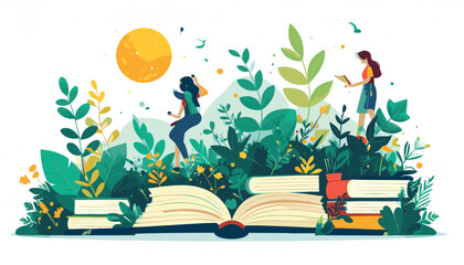 vector Children Reading Books in Lush Garden Scene
