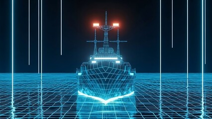 Futuristic render of a wireframe military warship floating above a glowing blue grid surface illuminated by neon lights