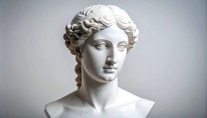 Obraz premium A pristine white marble bust of a woman with elegantly styled hair and serene expression. The sculpture is set against a blurred neutral backdrop