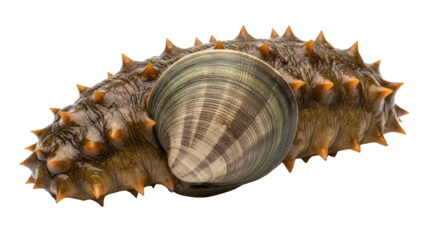 Prickly Brown Sea Cucumber with Striped Clam Isolated on White Background