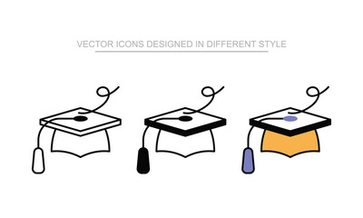 Graduation Cap icon set in different style with white background illustration