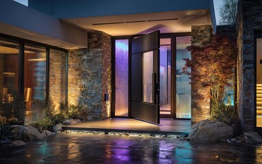 Contemporary Entryway with Dynamic Lighting and Stone Facade