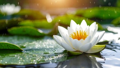 A pristine white aquatic flower with a golden center blooms on a lily pad. Raindrops fall; background reveals more pads. Sunlight shines