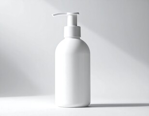 A pristine white bottle, designed with a pump dispenser, is centered on a luminous white surface. Soft lighting creates gentle shadows