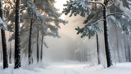Snowy pine forest path enveloped in mist with golden sunlight