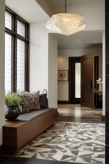 Modern Entryway Design with Bench and Unique Lighting