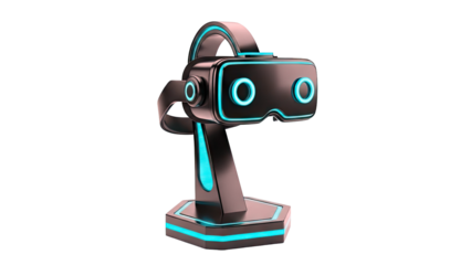 Futuristic VR Headset on Stand with Neon Blue Accents