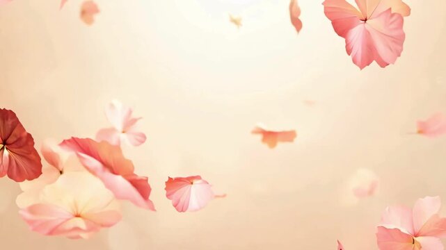 Beautiful pink flower petals falling and floating gracefully against a soft warm peach background.