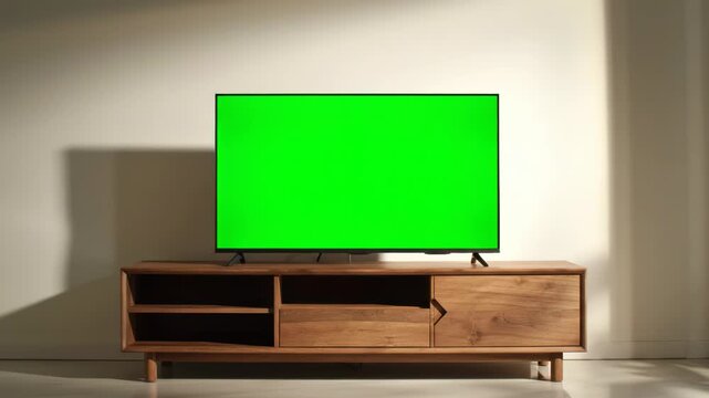 Modern wooden tv stand with green screen television on top in a room