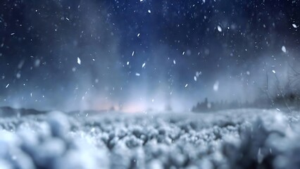 Ethereal winter night scene with falling snow over a frozen field
