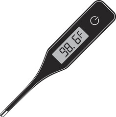 Digital thermometer with 98.6 F temperature reading on screen 98.6F black gray