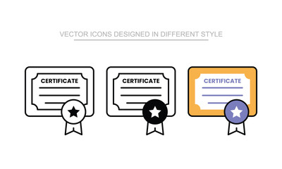 Certificate icon set in different style with white background illustration