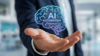 Ai automation high level planning strategy concept glowing brain hologram above business hand