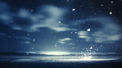 Falling and splashing snow against a dark blue winter sky