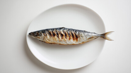 清潔感のある白背景の丸皿に真上から美しく盛り付けられた一匹丸ごとの香ばしいサバの塩焼き