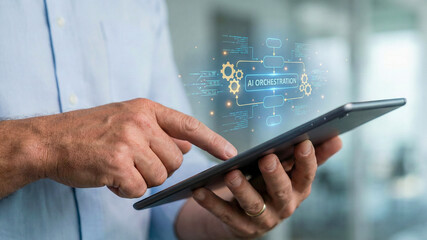 Ai automation high level planning concept for digital tablet interface showing orchestration workflow diagram and modern technology control screen