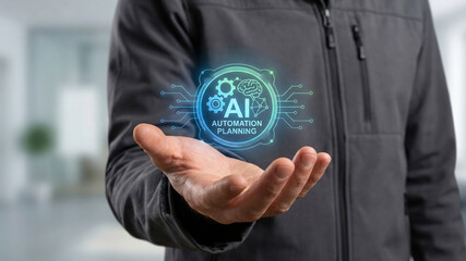 Ai automation high level planning icon hovering over open palm future workflow control