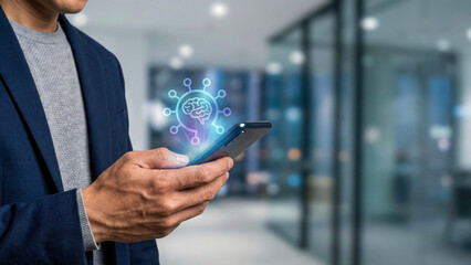 Ai automation high level planning concept with businessman hand using smartphone modern glass office background for creative future technology