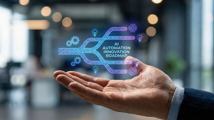 Ai automation high level planning roadmap glow over business hand in modern office innovation concept