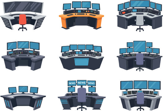 Control Room Operator Stations Surveillance, Monitoring, and News Desk Vector Set