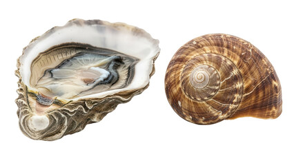 Fresh Raw Oyster and Brown Whelk Snail Shell isolated PNG with Transparent Background