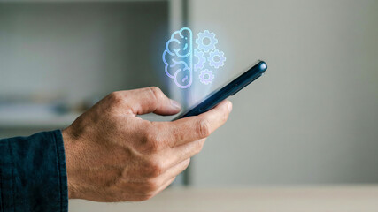 Ai automation concept high tech level planning digital brain glow over smartphone in male hand