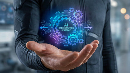 Ai automation concept high tech level planning gear hologram in business hand futuristic digital interface visualization