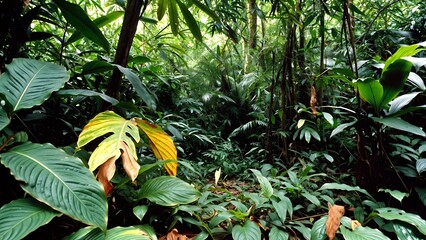 Lush tropical rainforest with dense green foliage and filtered