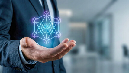 Ai automation high level planning concept with digital brain hologram in businessman hand futuristic innovation and technology strategy vision
