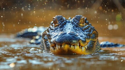 Fototapeta premium Close-Up of a Crocodile Emerging from Water, Showcasing Scales, Eyes, and Texture in Nature, Captivating Wildlife Photograph with Dramatic Lighting and Splashes