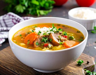 Bowl of nourishing broth with carrots, pasta, meat, and fresh herbs, served on a wooden board