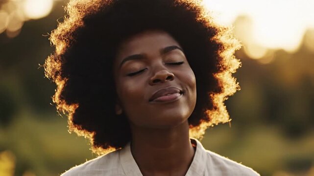 Radiant young woman with an afro embracing a moment of tranquil bliss outdoors, eyes closed in the golden glow of the setting sun, finding peace and serenity