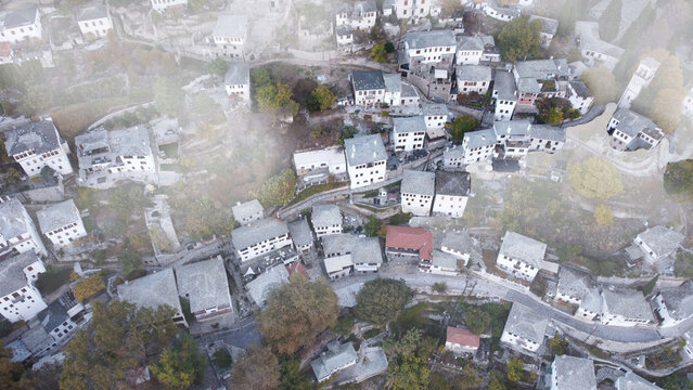 Makrinitsa village at Pelion mountain with fog,Autumn,aerial view,Magnesia,Thessaly,Greece