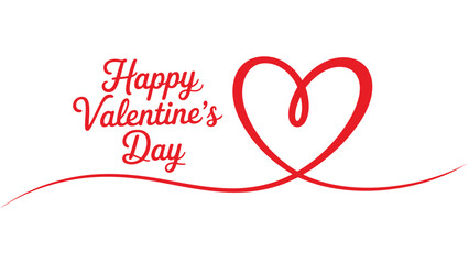 Happy valentine&rsquo;s day elegant red heart line art with flowing curve and hand lettering isolated on white background romantic love greeting design
