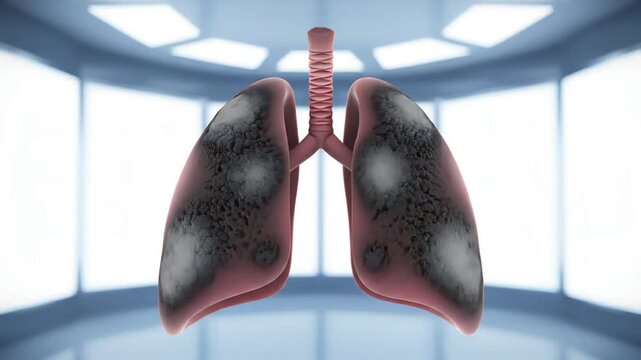Detailed illustration of human lungs with trachea and bronchi, showing anatomy and respiratory system in a medical setting with a futuristic room background.