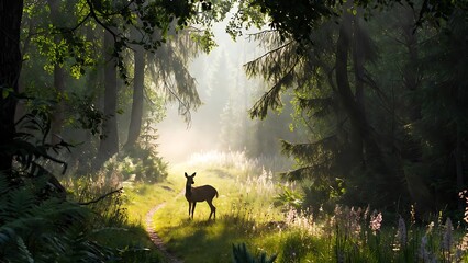 Graceful deer bathed in golden sunbeams within a mystical forest